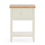 Studio front view of the painted ivory Coxmoor 1 drawer bedside table with oak top surface.