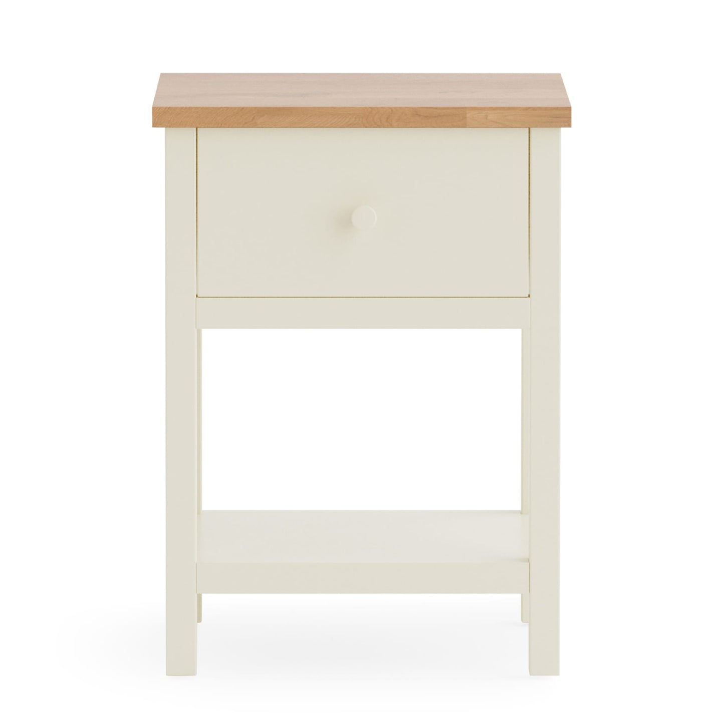 Studio front view of the painted ivory Coxmoor 1 drawer bedside table with oak top surface.