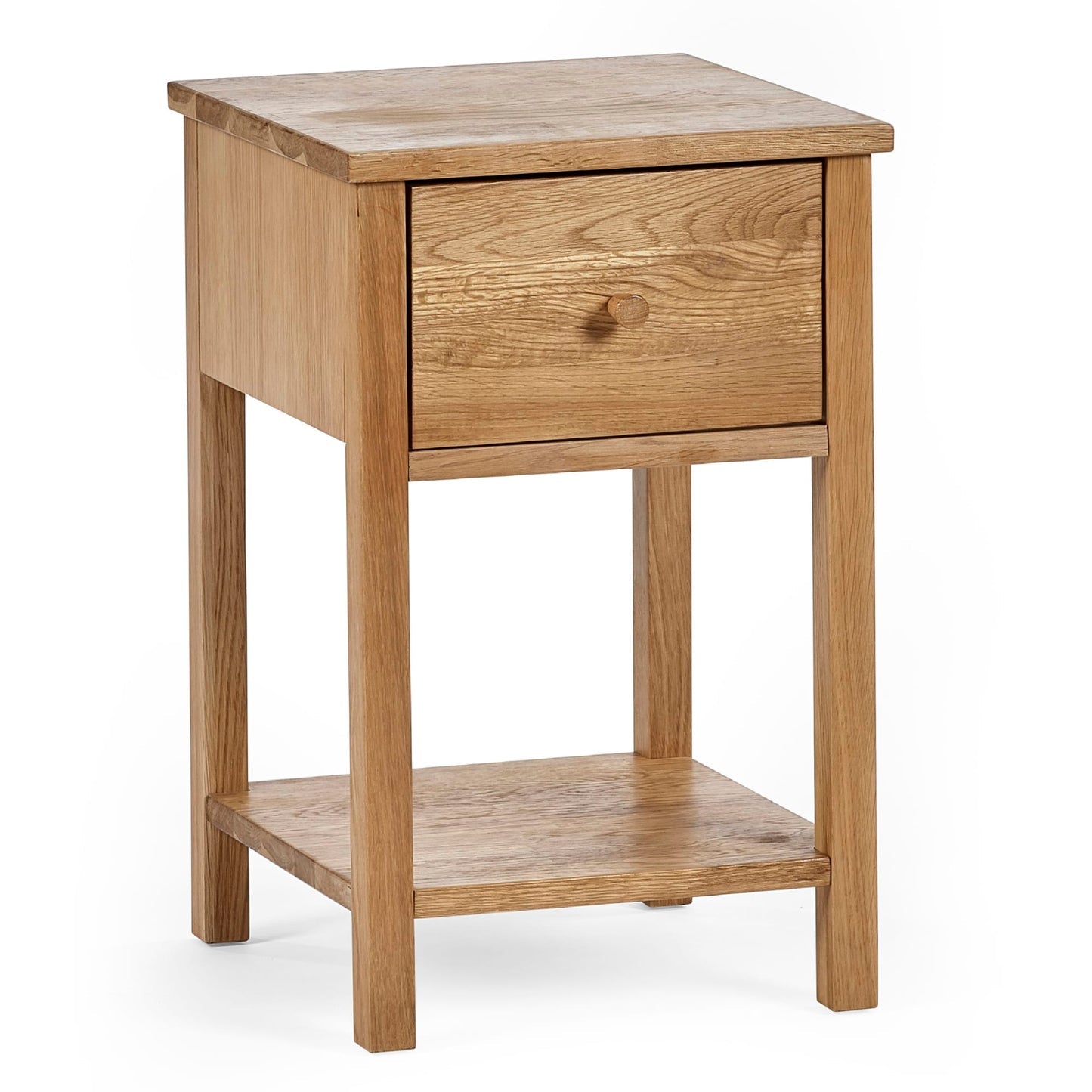 Front elevation view of the Coxmoor 1 drawer bedside table in classic oak.