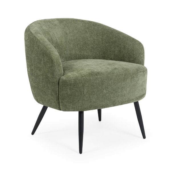 Isolated front view of the olive green Dahlia accent chair against a white background