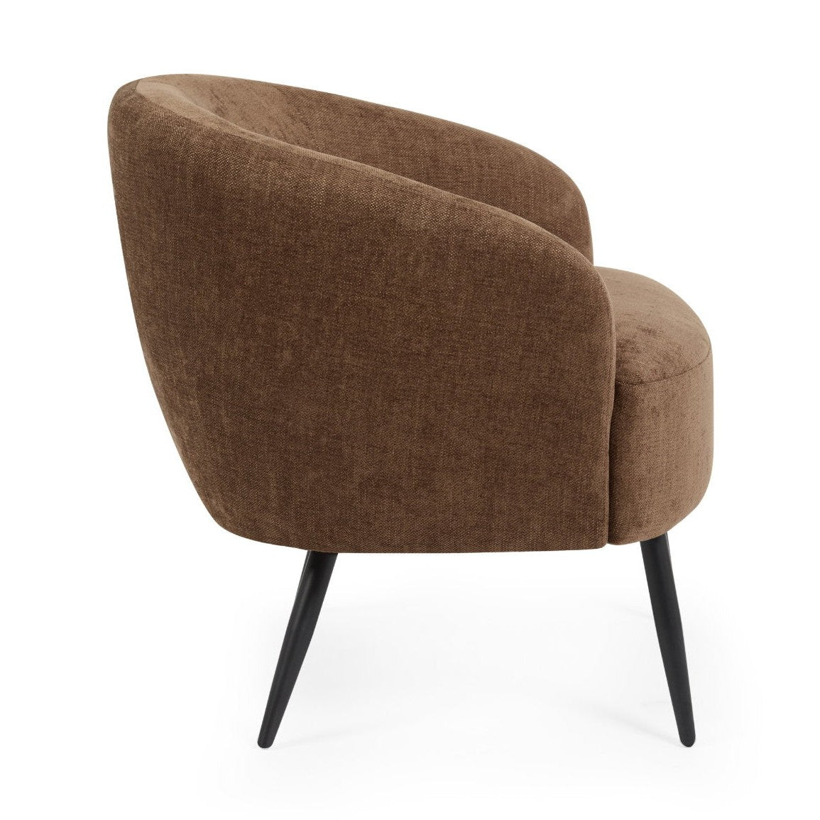 Complete back view of the Dahlia curved barrel accent chair in rust brown