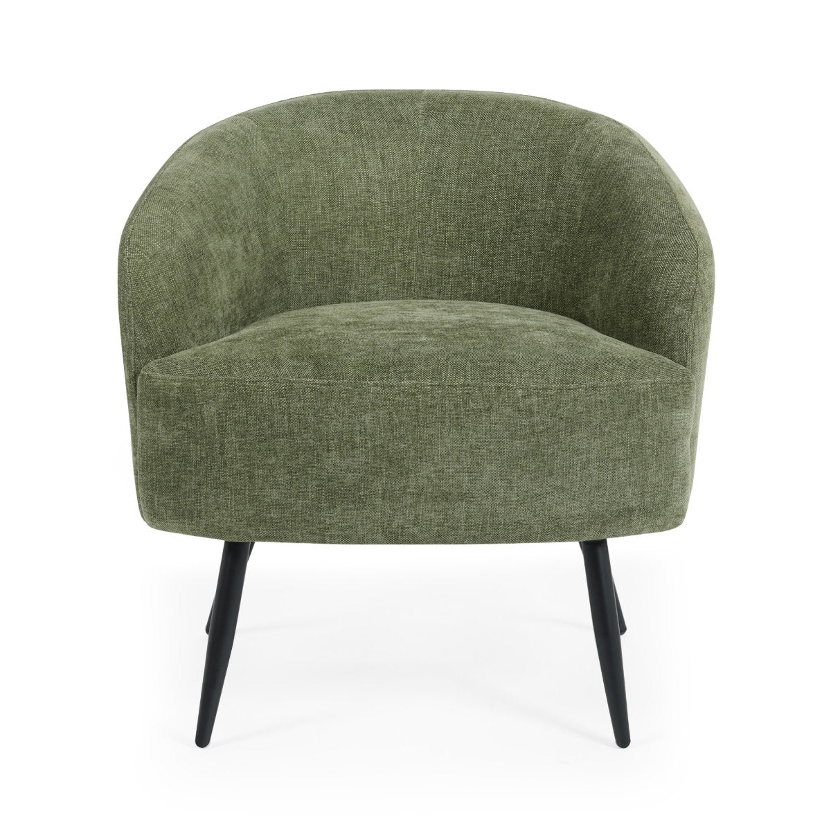 Complete front view of the Dahlia curved barrel accent chair in olive green