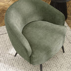 Overhead three-quarter view of the Dahlia curved barrel accent chair in olive green showing the backrest curve