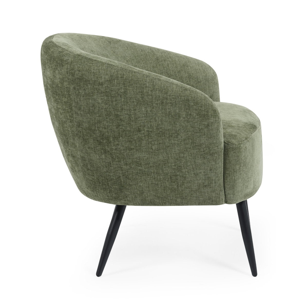 Side profile view of the Dahlia accent chair in olive green showing the barrel curve silhouette