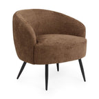 Side profile view of the Dahlia accent chair in rust brown showing the curved backrest