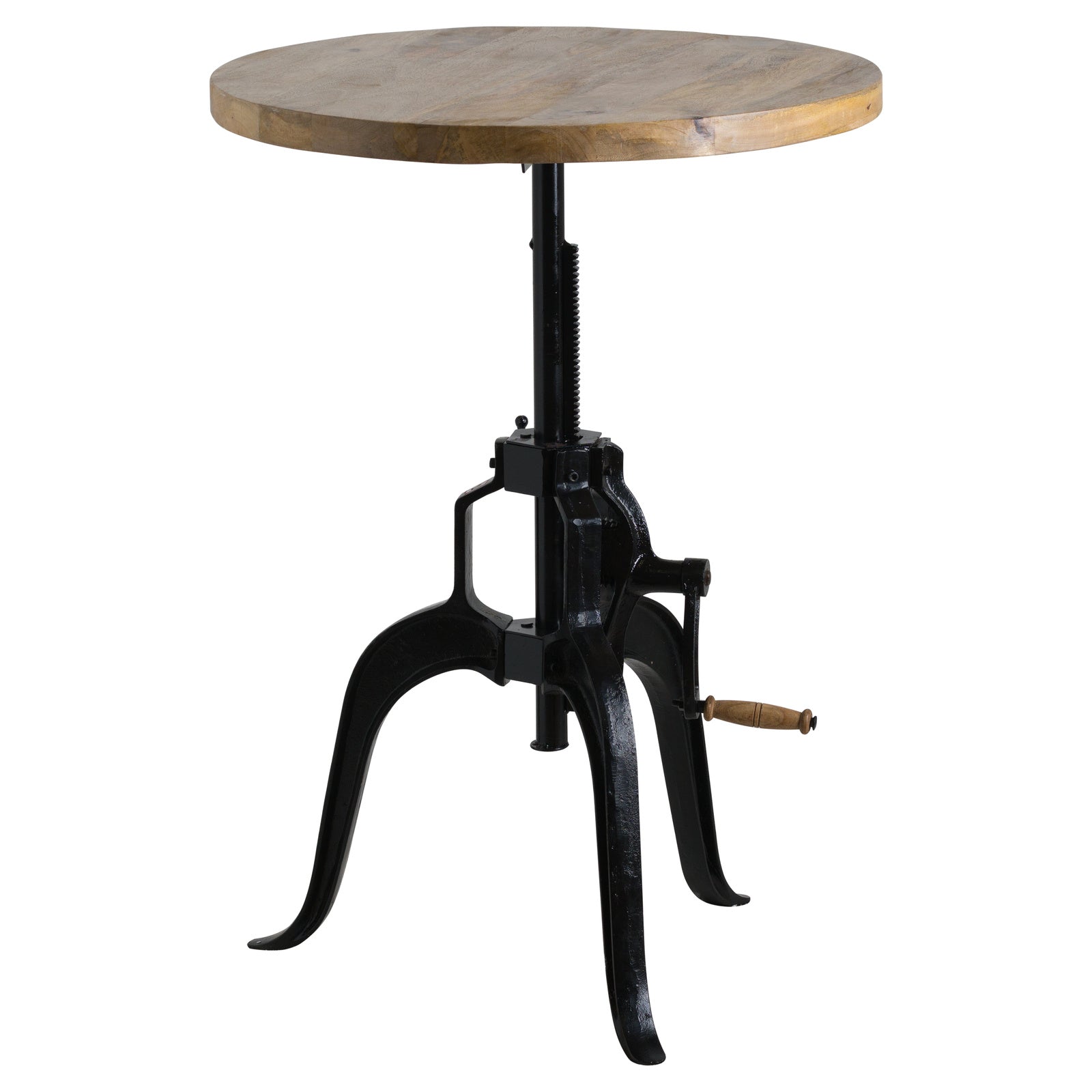 Front view displaying the Draftsman industrial round bistro table extended to its highest bar setting