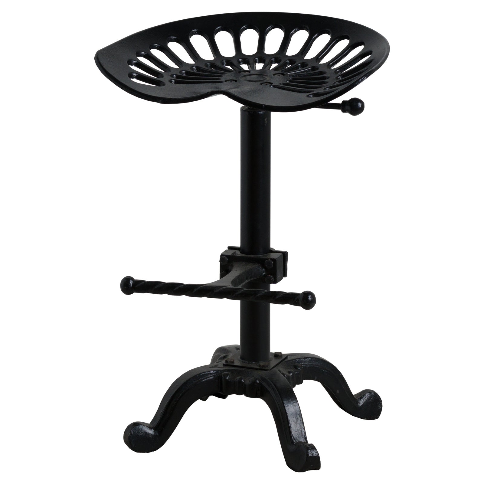 Front view of the adjustable industrial tractor seat bar stool with black cast iron base and footrest bar