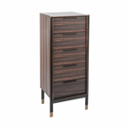 Side angle view of ebony 5-drawer narrow tallboy chest highlighting dark wood grain finish