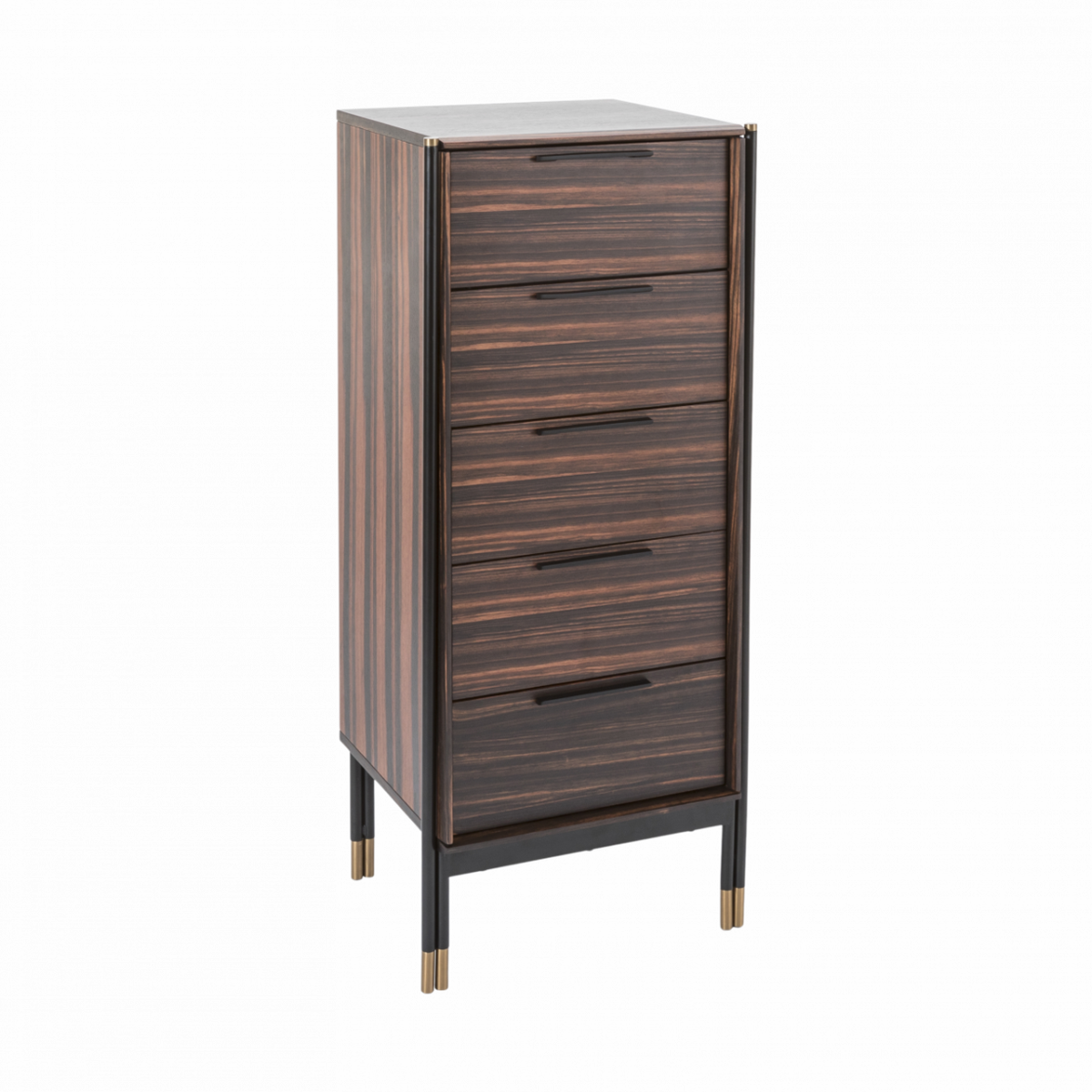 Side angle view of ebony 5-drawer narrow tallboy chest highlighting dark wood grain finish
