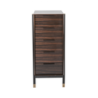 Front view of dark ebony 5-drawer tallboy chest with metallic legs