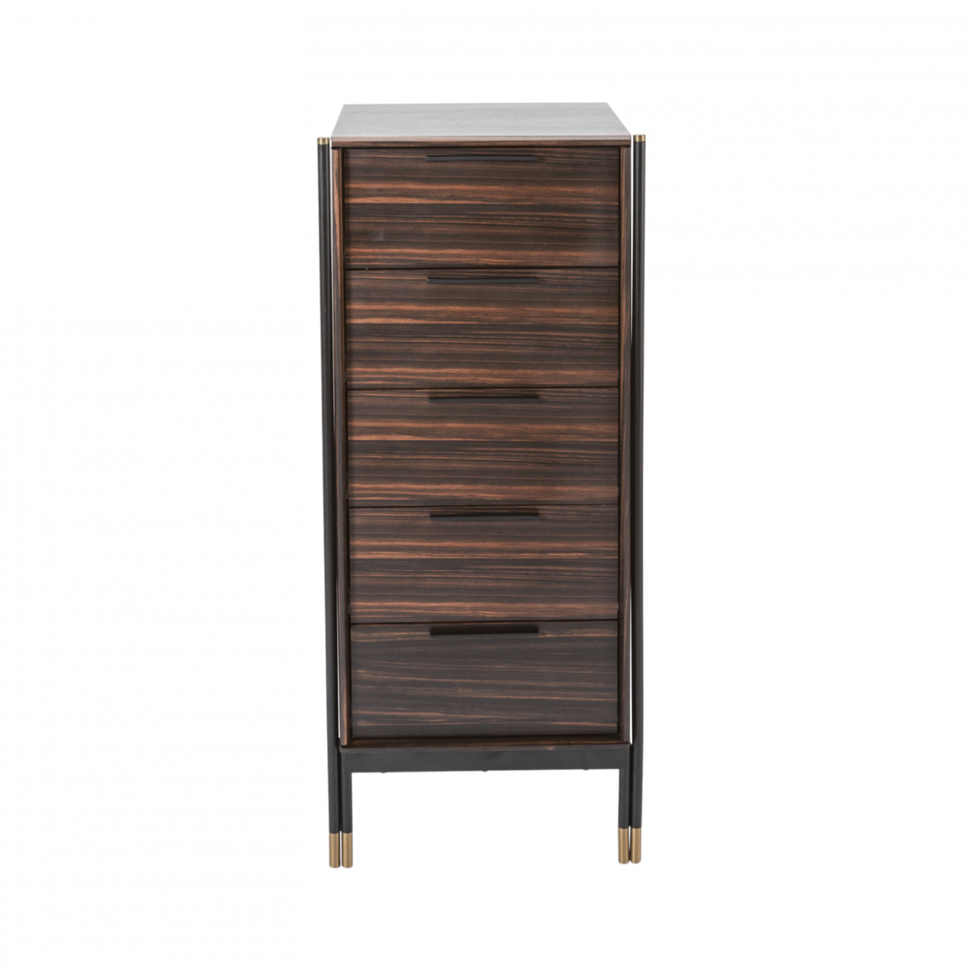 Front view of dark ebony 5-drawer tallboy chest with metallic legs