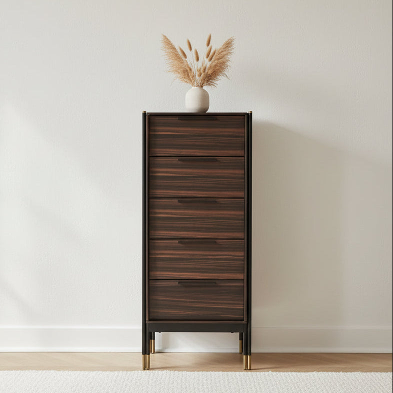 Ebony 5-drawer narrow tallboy chest styled with vase in modern bedroom layout