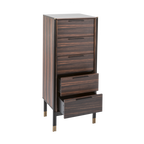 Ebony 5-drawer narrow tallboy chest showing open bottom drawer storage detail