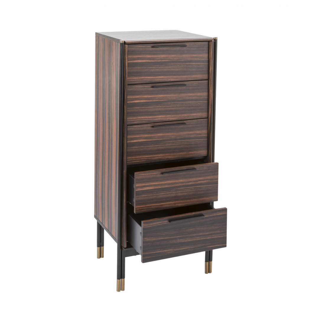Ebony 5-drawer narrow tallboy chest showing open bottom drawer storage detail