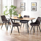 Findlay rectangular walnut dining table styled in a light dining room with dark velvet chairs