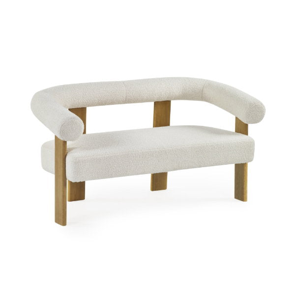 Freya 2 seater fabric sofa in neutral upholstery with dark tapered legs angled view