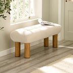 Freya upholstered low hallway bench in neutral fabric with wooden legs angled view featured in hallway