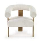 Front view of the Freya white boucle accent chair showing sleek wooden frame and legs