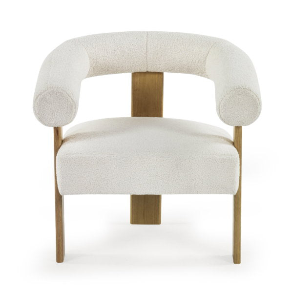 Front view of the Freya white boucle accent chair showing sleek wooden frame and legs