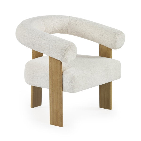 Side view of the Freya white boucle accent chair showing curved backrest and natural wood legs