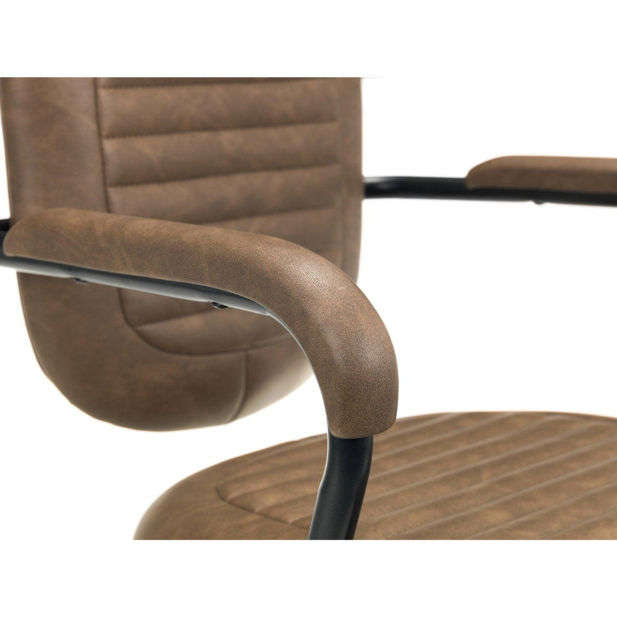 Detail view of the padded faux leather armrests and metal back support frame on the Gehry office chair.
