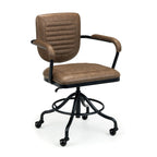 Front angle view of the Gehry brown faux leather office chair showing armrests and black metal base.
