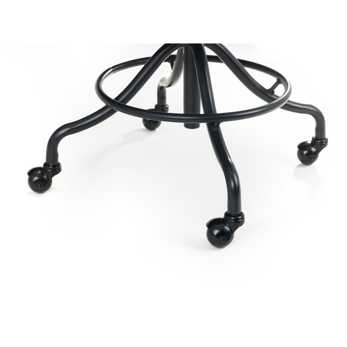 Close-up detail of the black metal footring base and castor wheels on the Gehry office chair.