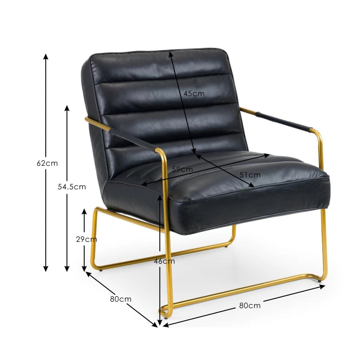 Giorgio Faux leather chair with gold frame and dimensions marked on a white background