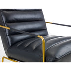 Side angle view of the Giorgio faux leather occasional chair showing faux leather seat cushion and gold armrest with detailed sleeve