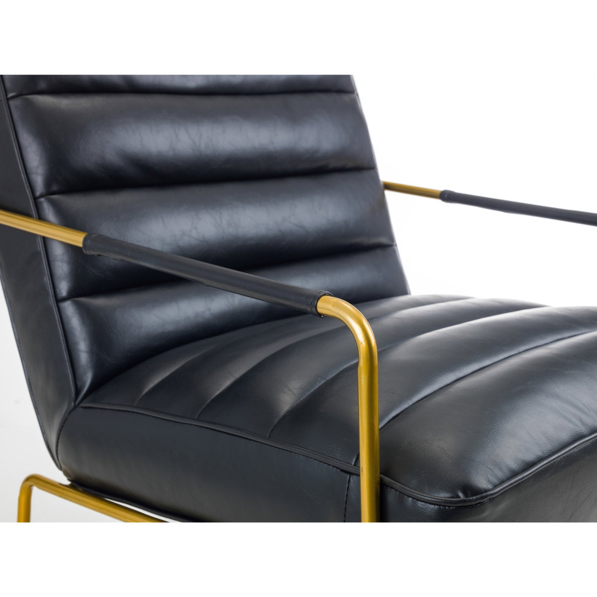 Side angle view of the Giorgio faux leather occasional chair showing faux leather seat cushion and gold armrest with detailed sleeve