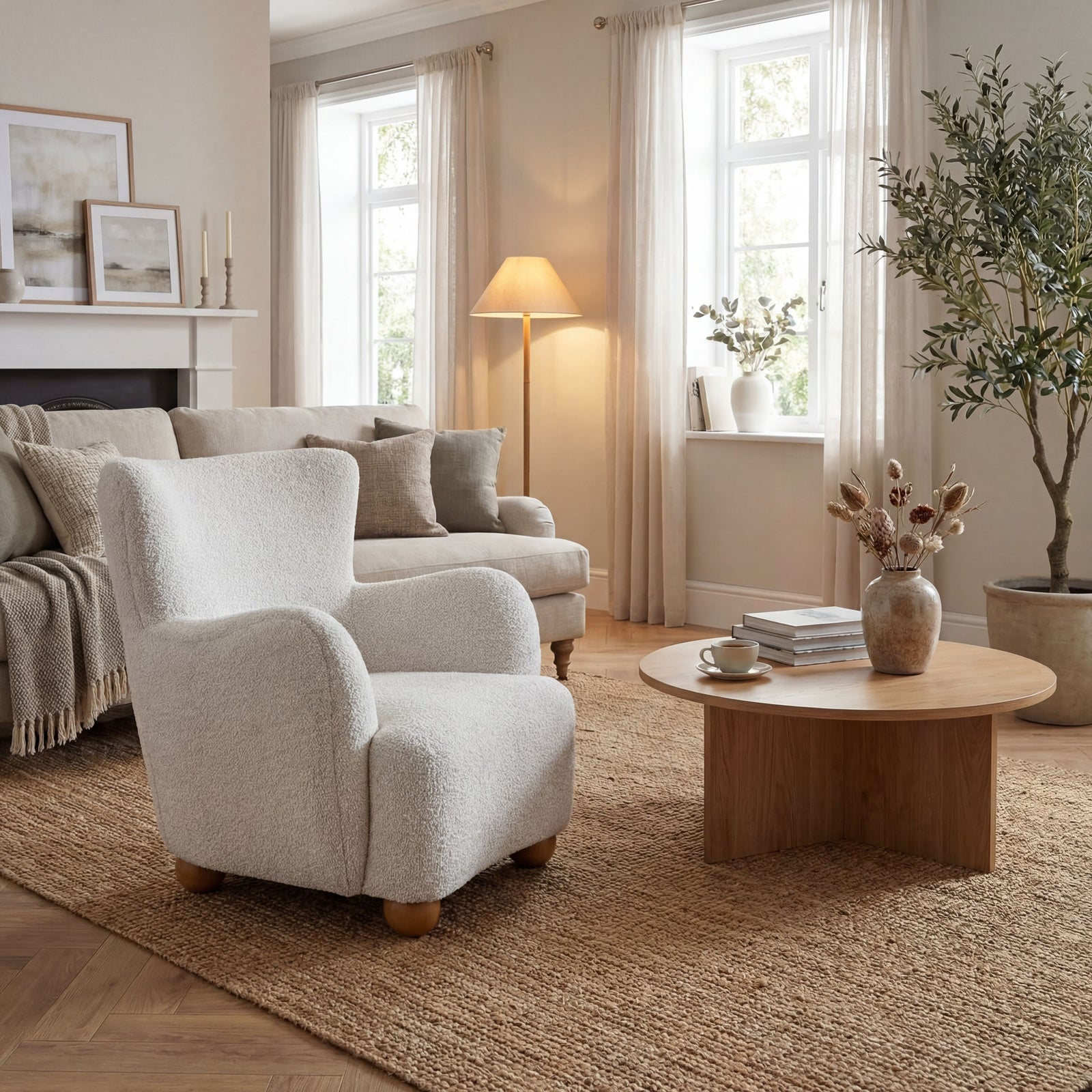 Greige Hui Large Armchair with wooden ball feet styled in a bright, modern UK living room with a coffee table and neutral decor