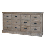 Front view showing the full 12-drawer grid layout and natural wood grain of the Haldon wide dresser