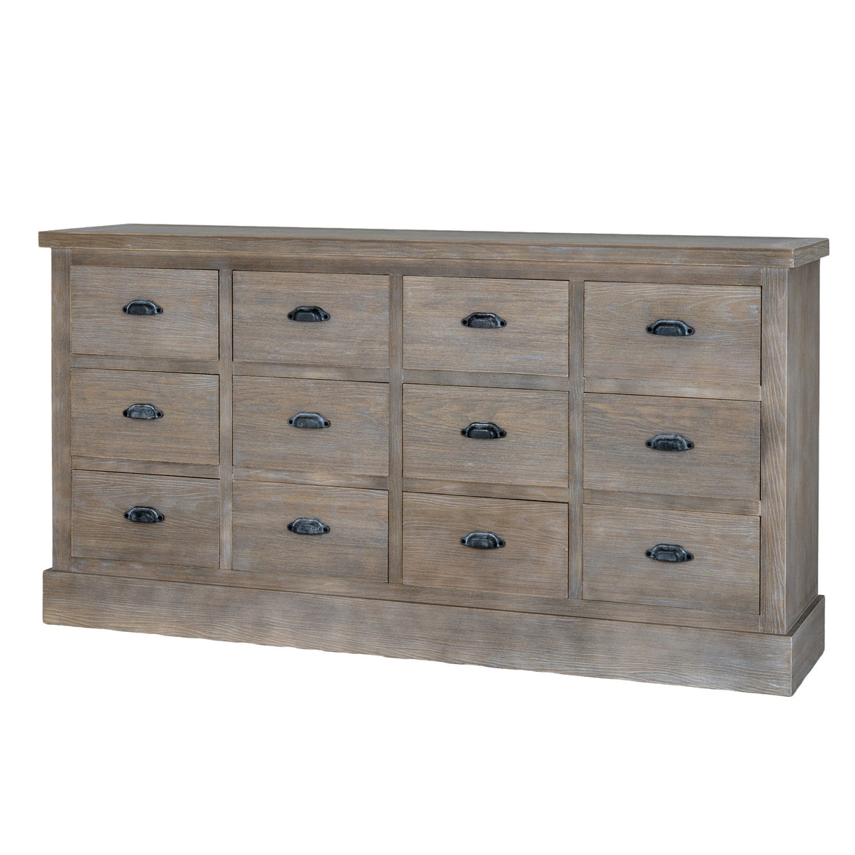 Front view showing the full 12-drawer grid layout and natural wood grain of the Haldon wide dresser