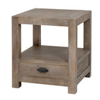 Perspective view showing the open center shelf and bottom drawer structure of the Haldon wooden side table