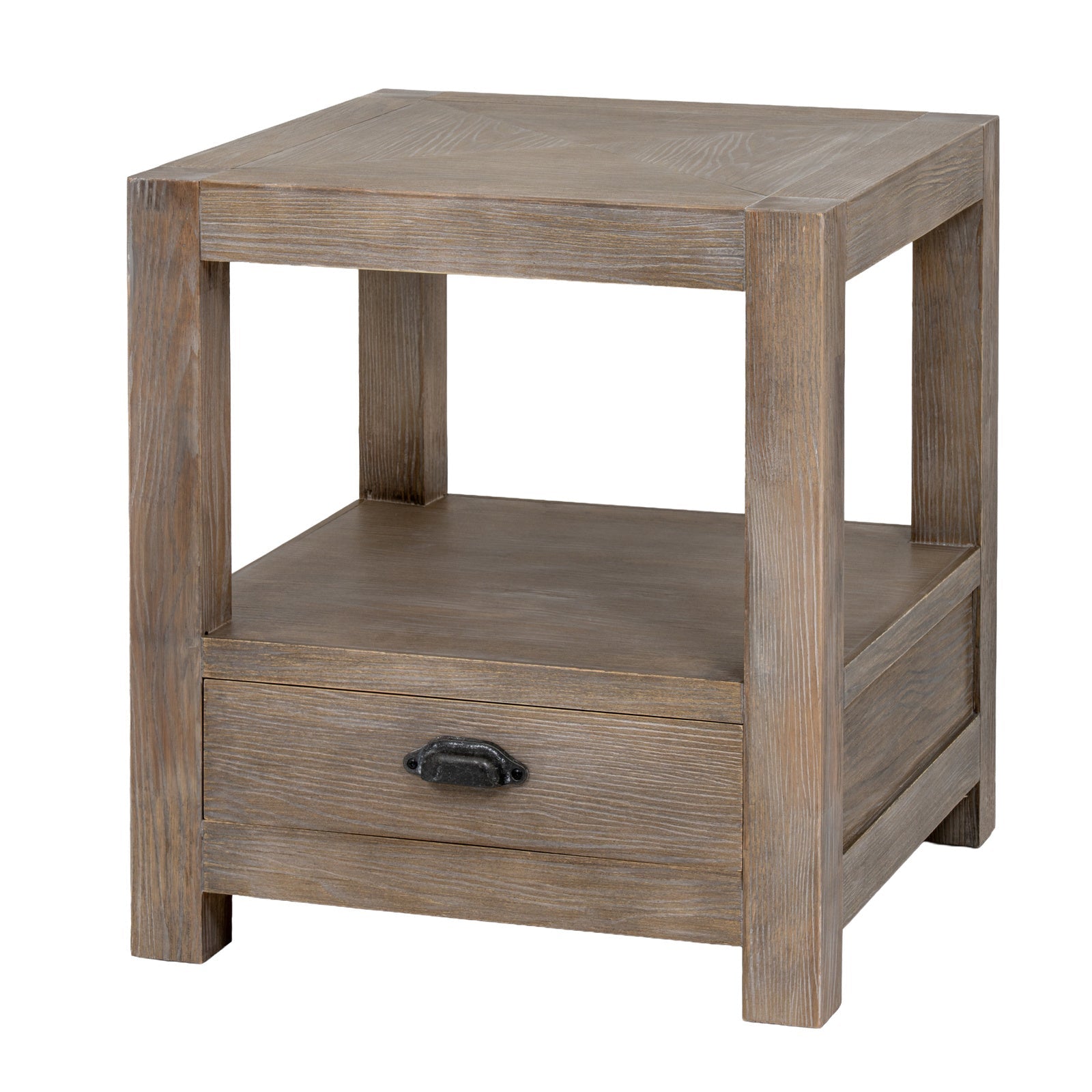 Perspective view showing the open center shelf and bottom drawer structure of the Haldon wooden side table