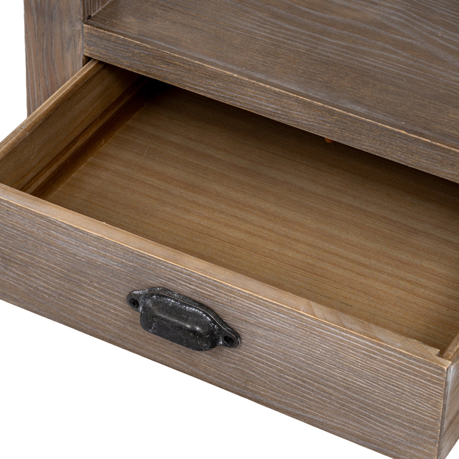 Detail shot showing the open bottom storage drawer and internal wooden craftsmanship of the Haldon side table