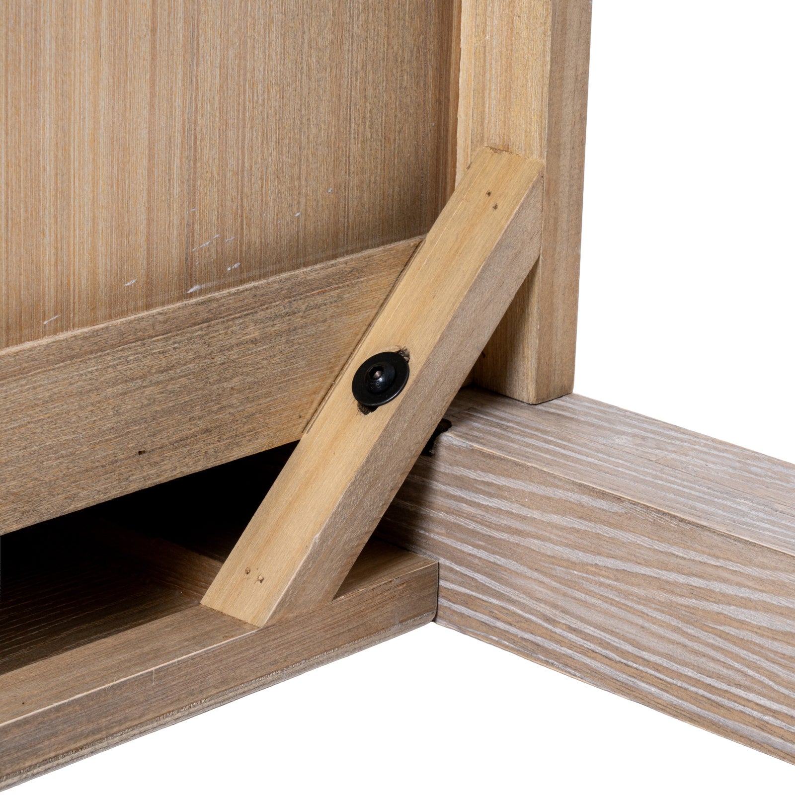 Underneath view showing the heavy-duty leg corner bracket and solid wood frame construction of the Haldon console table