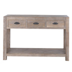 Front view showing the three upper drawers, lower shelf tier, and solid block legs of the Haldon wooden console table