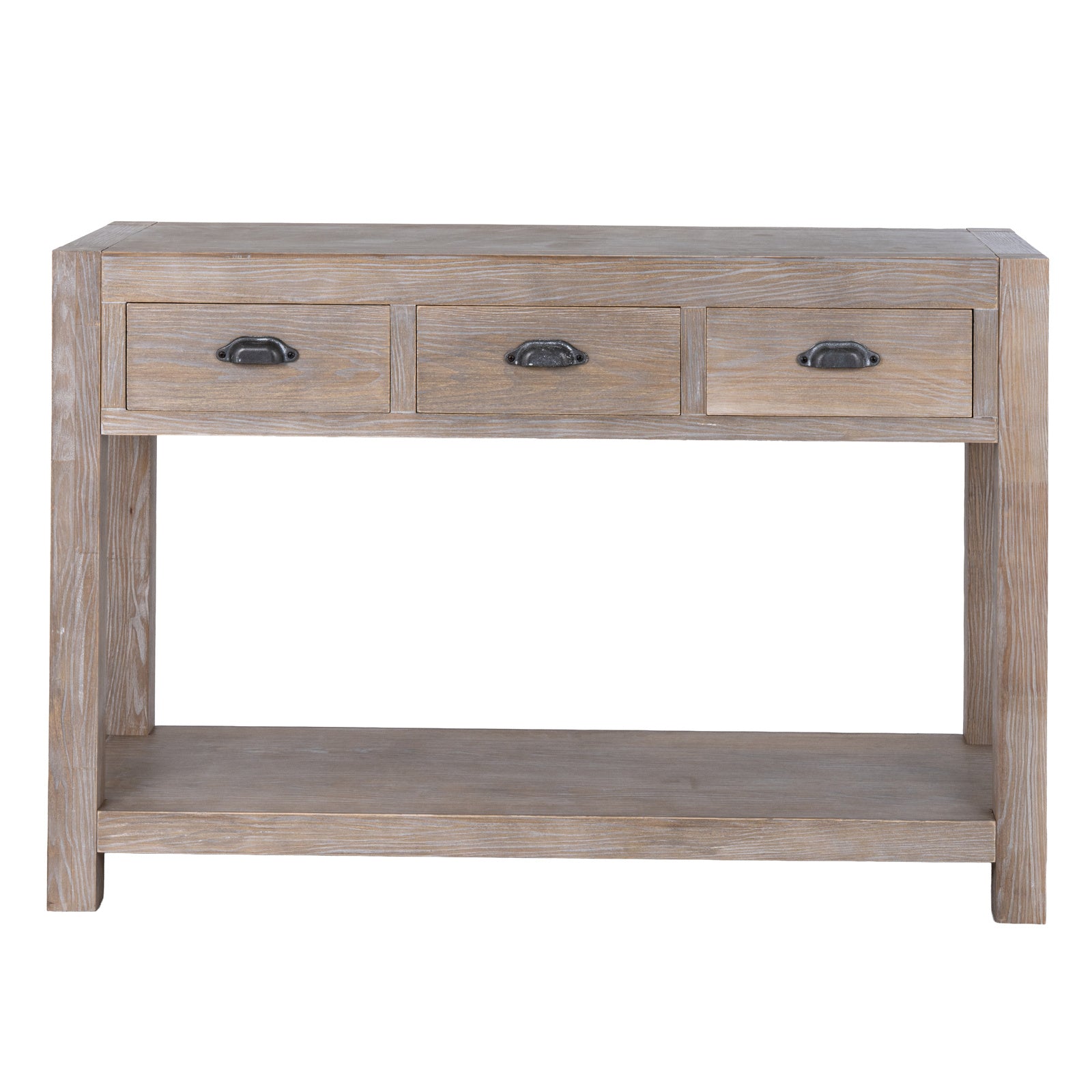 Front view showing the three upper drawers, lower shelf tier, and solid block legs of the Haldon wooden console table
