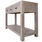 Perspective view highlighting the slender profile and open lower shelf of the Haldon 3 drawer wooden console table