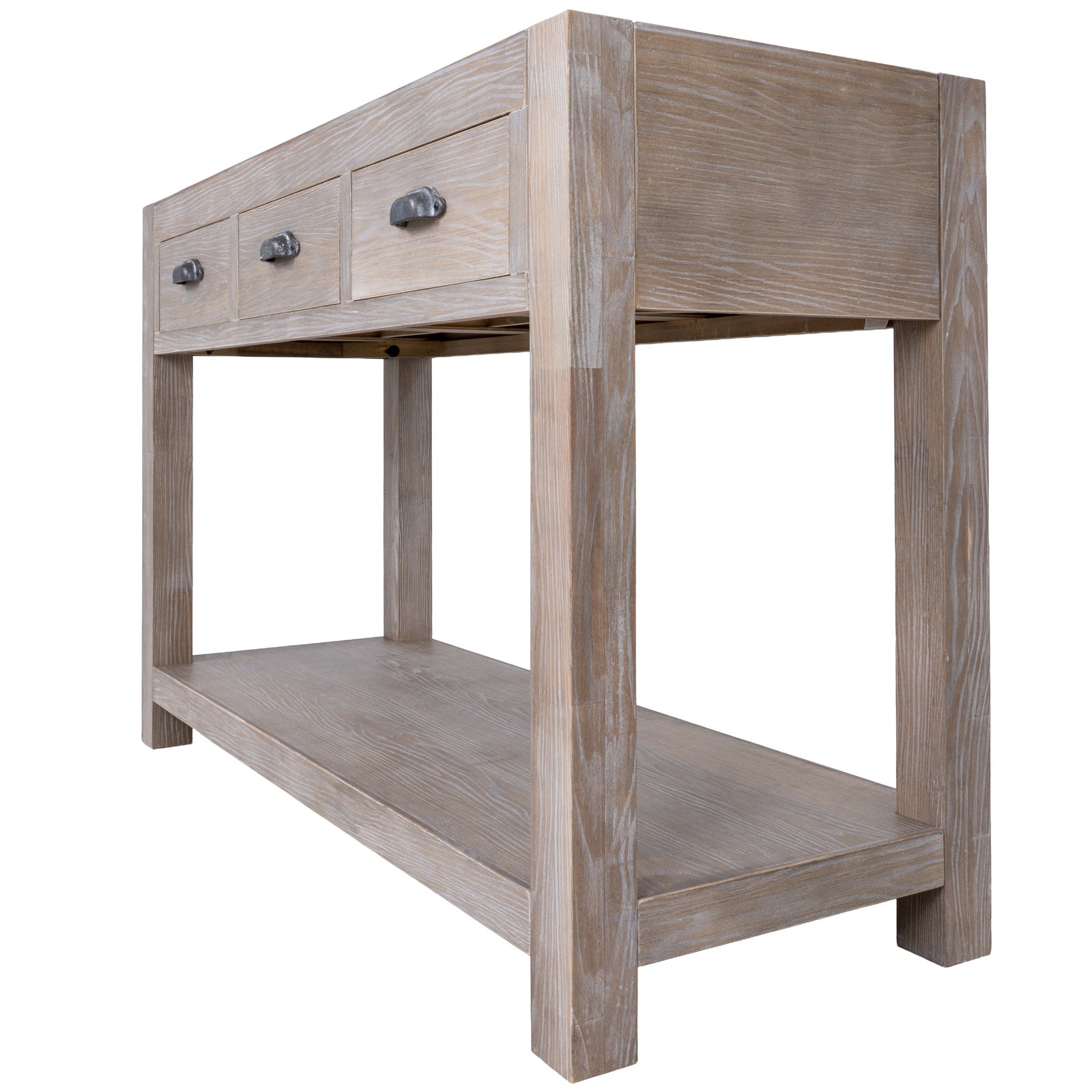 Perspective view highlighting the slender profile and open lower shelf of the Haldon 3 drawer wooden console table