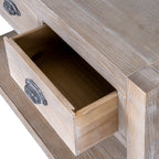 Detail view of an open top drawer on the Haldon wooden console table highlighting internal storage space and craftsmanship