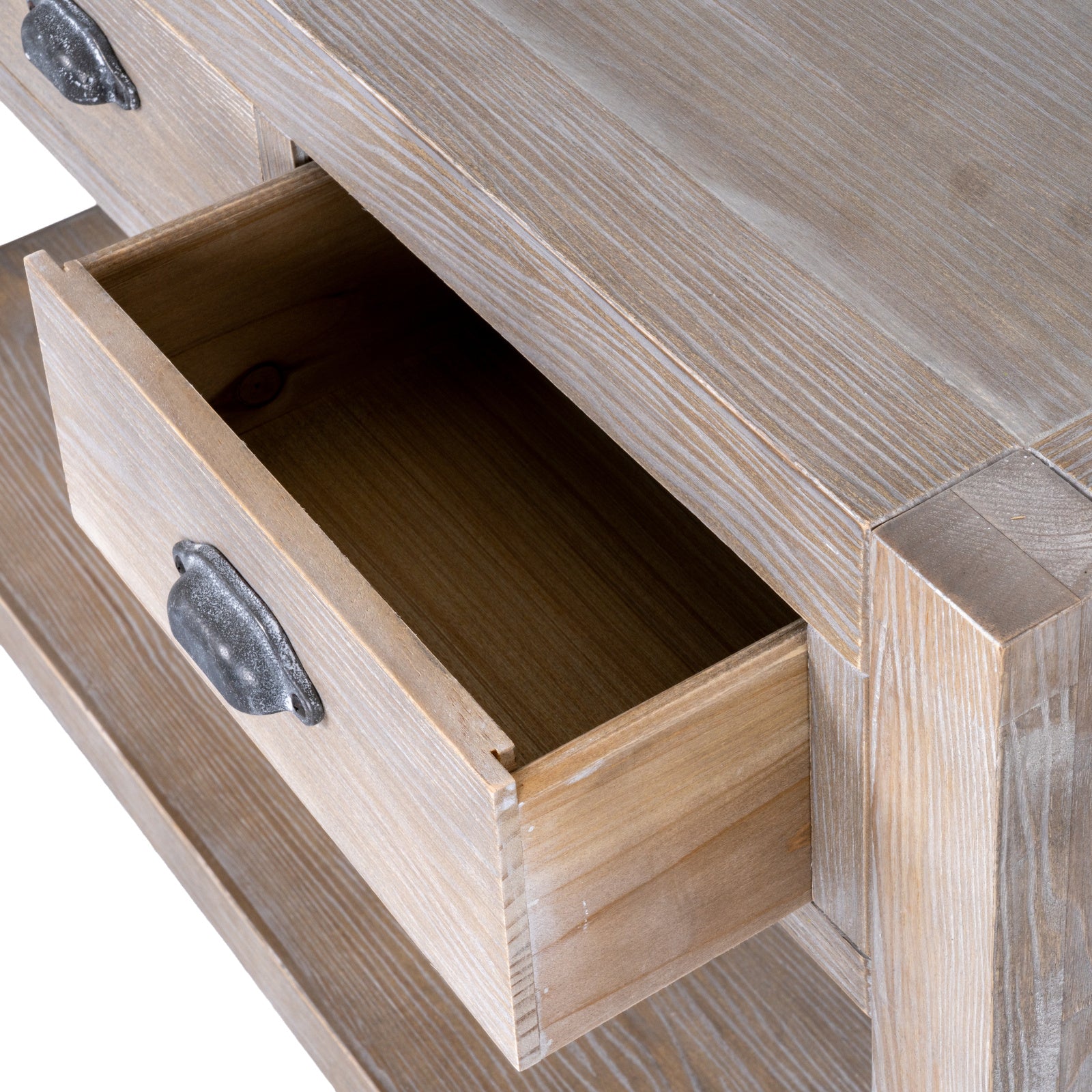 Detail view of an open top drawer on the Haldon wooden console table highlighting internal storage space and craftsmanship