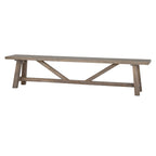 Front view showing the full length and architectural A-frame trestle base of the Haldon wooden dining bench