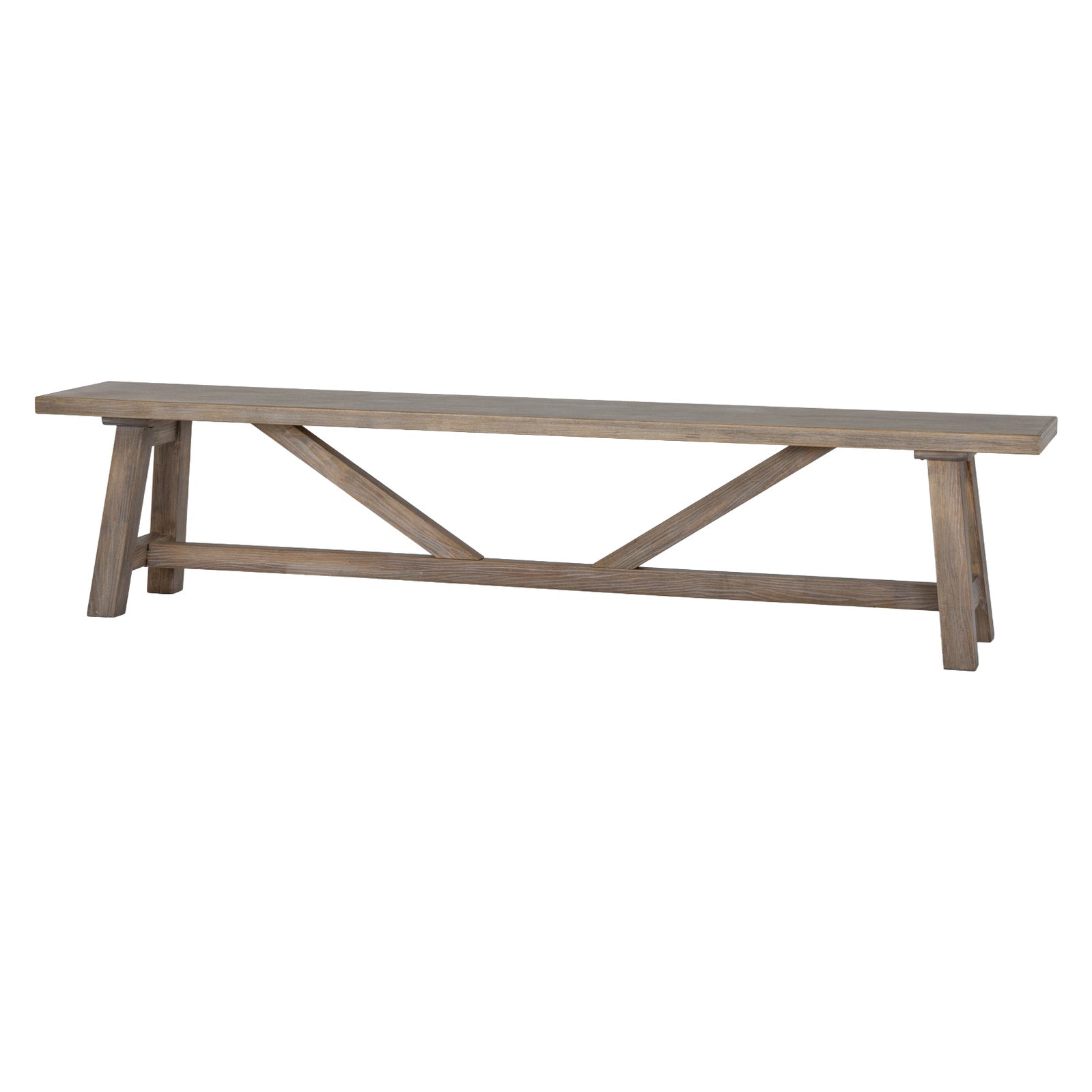 Front view showing the full length and architectural A-frame trestle base of the Haldon wooden dining bench