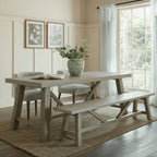 Haldon wooden large dining bench styled alongside a matching dining table and chairs in a neutral dining room