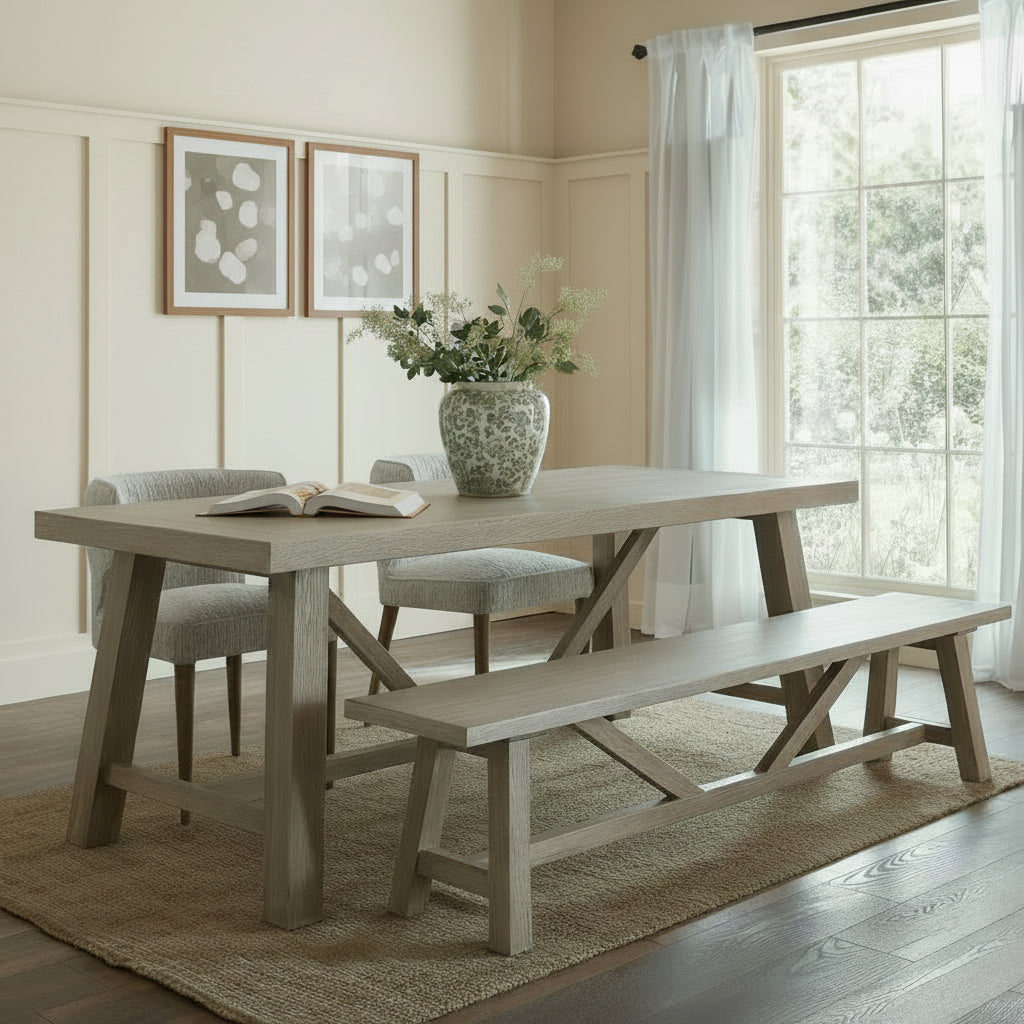 Haldon wooden large dining bench styled alongside a matching dining table and chairs in a neutral dining room