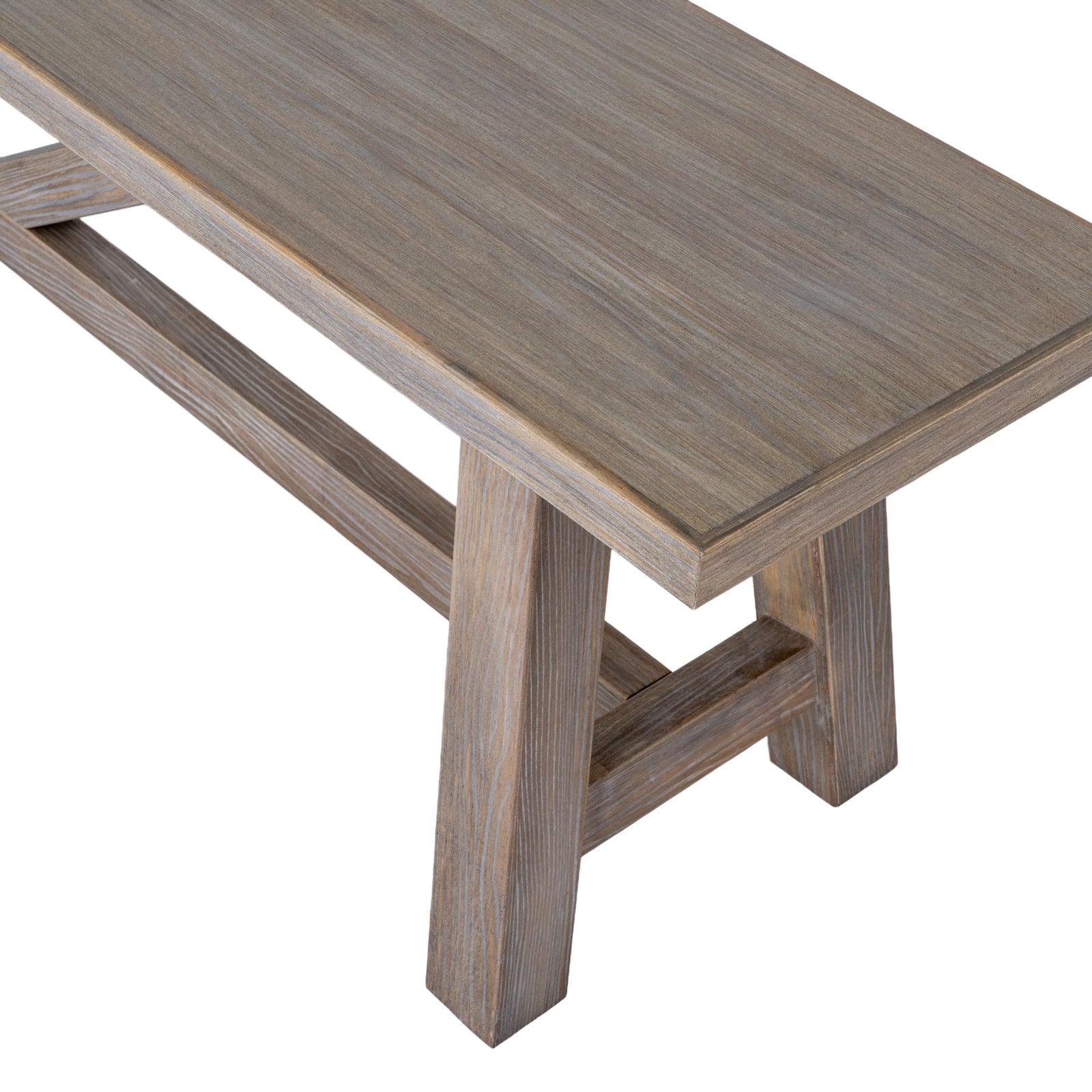 Top angle view displaying the smooth natural wood grain surface and corner construction of the Haldon bench