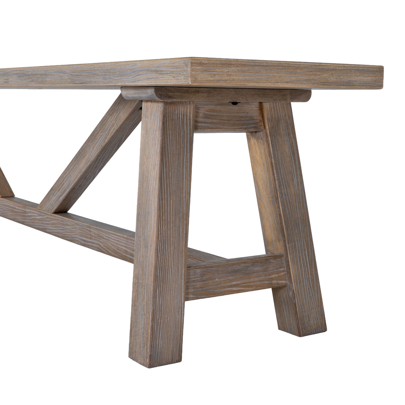 Close-up shot of the sturdy angled trestle legs and cross-support beam on the Haldon wooden dining bench