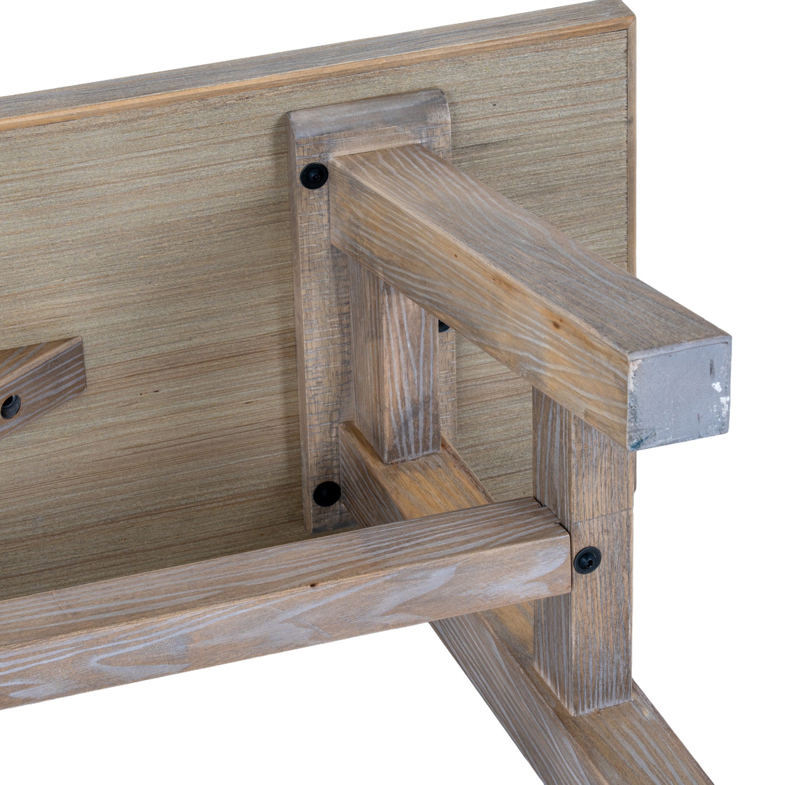 Underneath view showing the heavy-duty frame joinery and leg attachment hardware of the Haldon bench
